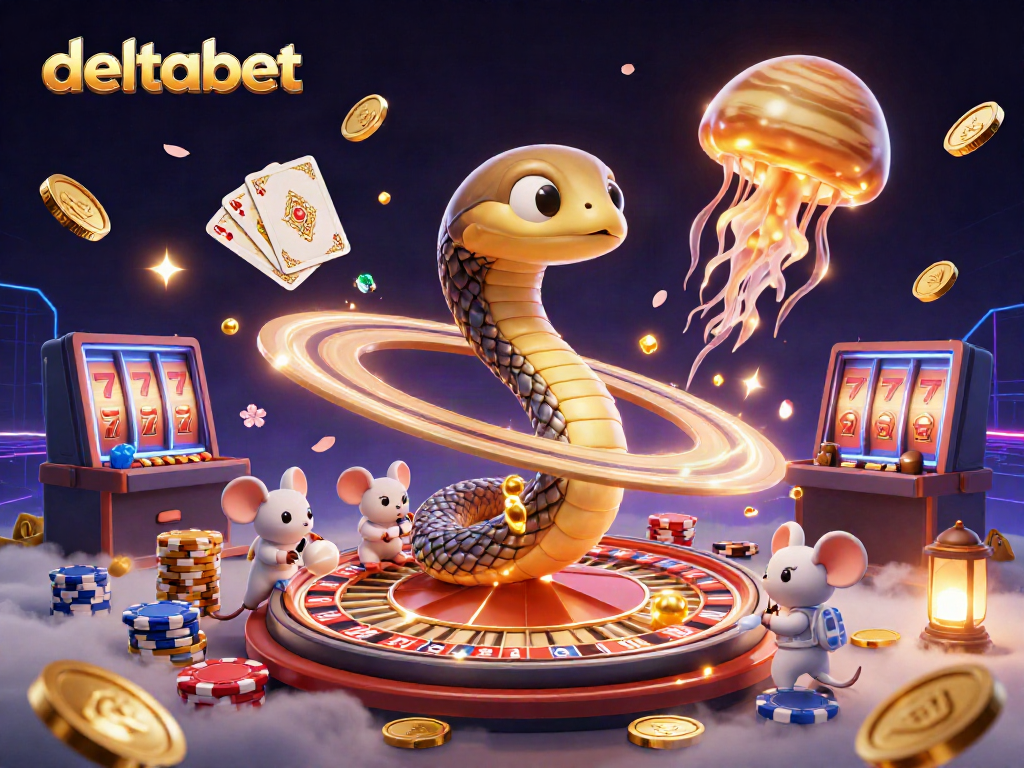 Permainan deltabet dengan ular Saturnus sebagai roda roulette dan astronot yang bertaruh dalam suasana kosmik.