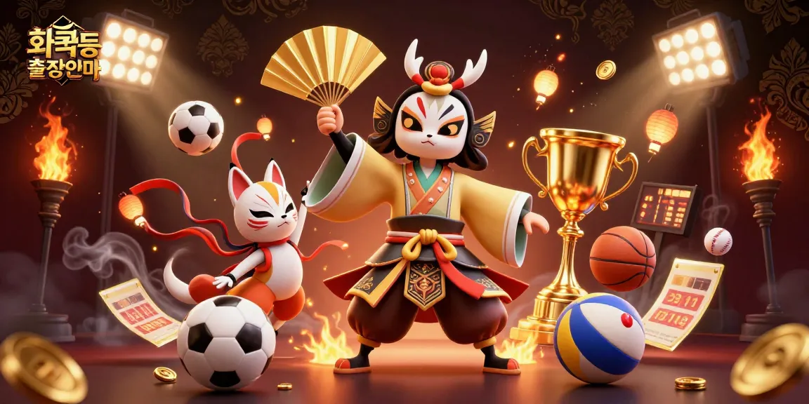 Experience engaging 화곡동출장안마 services with a kabuki warrior and kitsune amidst dynamic sports elements.