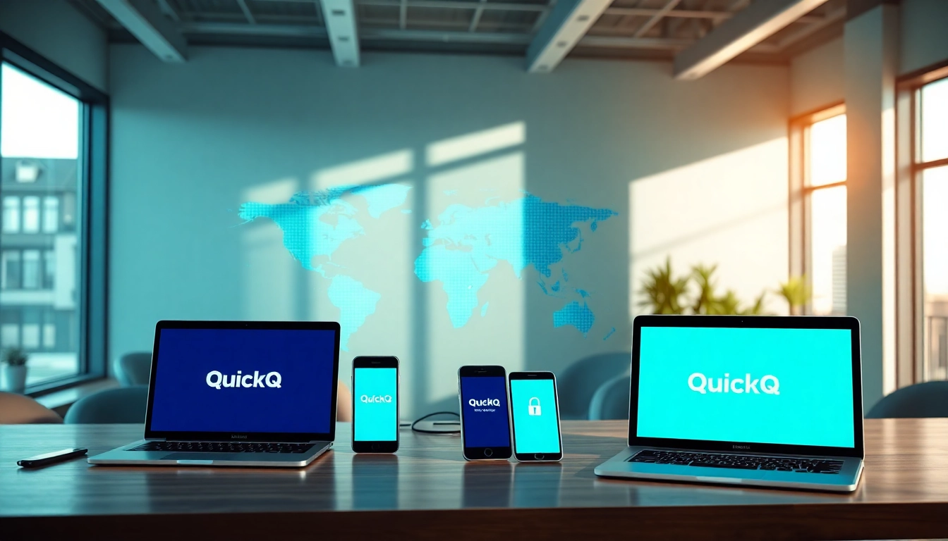 在现代工作区中探索 QuickQ官网,突出无缝连接与安全性。