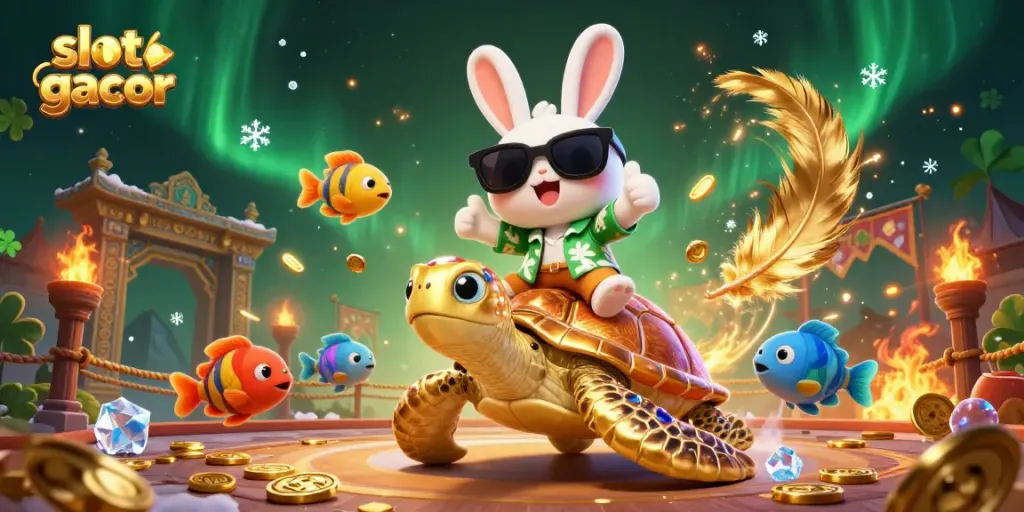 Experience slot online gacor with luck - a cartoon rabbit riding a golden sea turtle amidst vibrant casino elements.