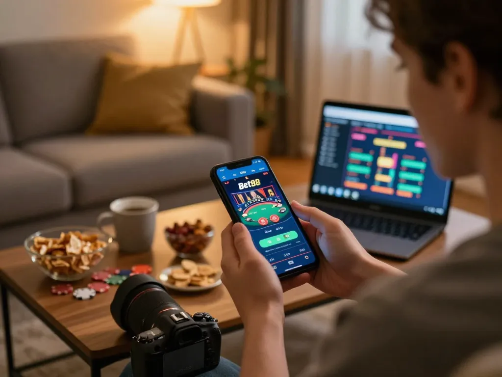 Engaging in online gambling at home with Bet88 app, showcasing modern lifestyle and responsible play.