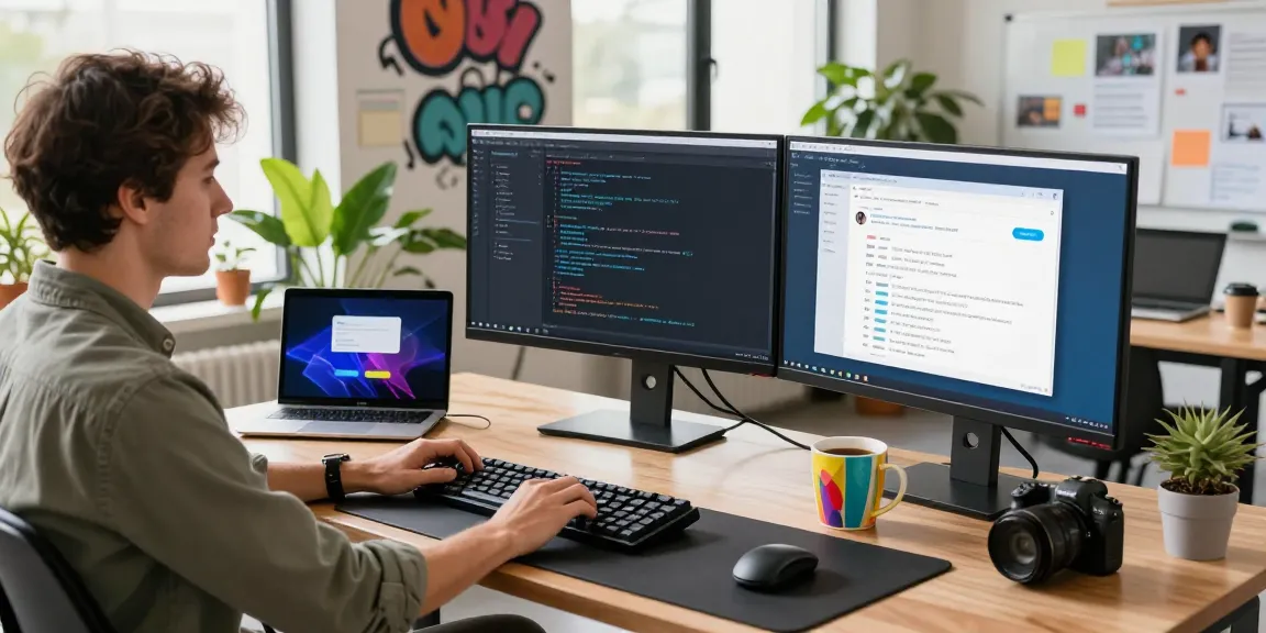 A developer working on 纸飞机中文版 in a modern workspace, showcasing dual monitors and coding activity.