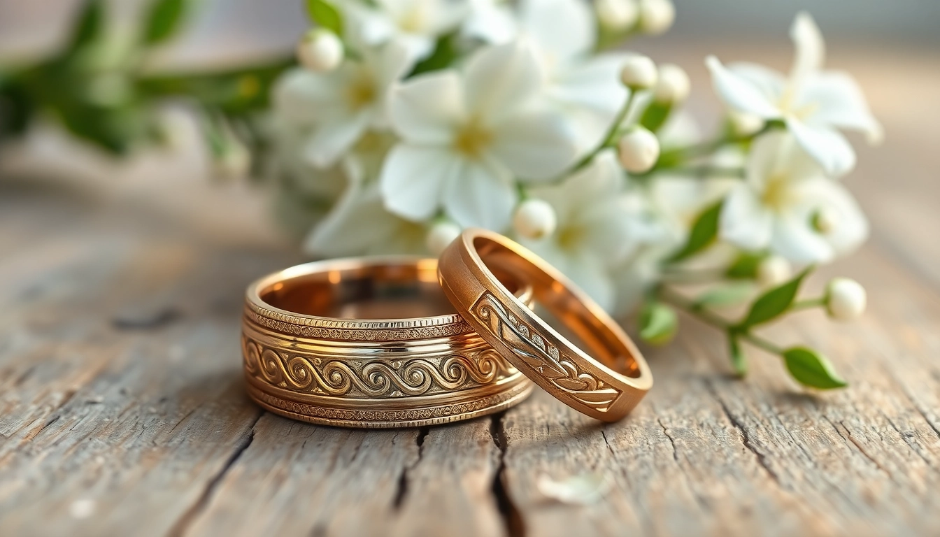 Showcasing exquisite wedding bands with intricate details and a natural setting.