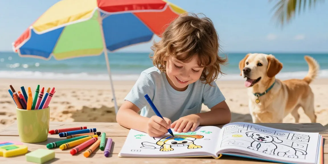 Cartoon character coloring pages featuring a child coloring a Labrador Retriever under a sunny beach umbrella.