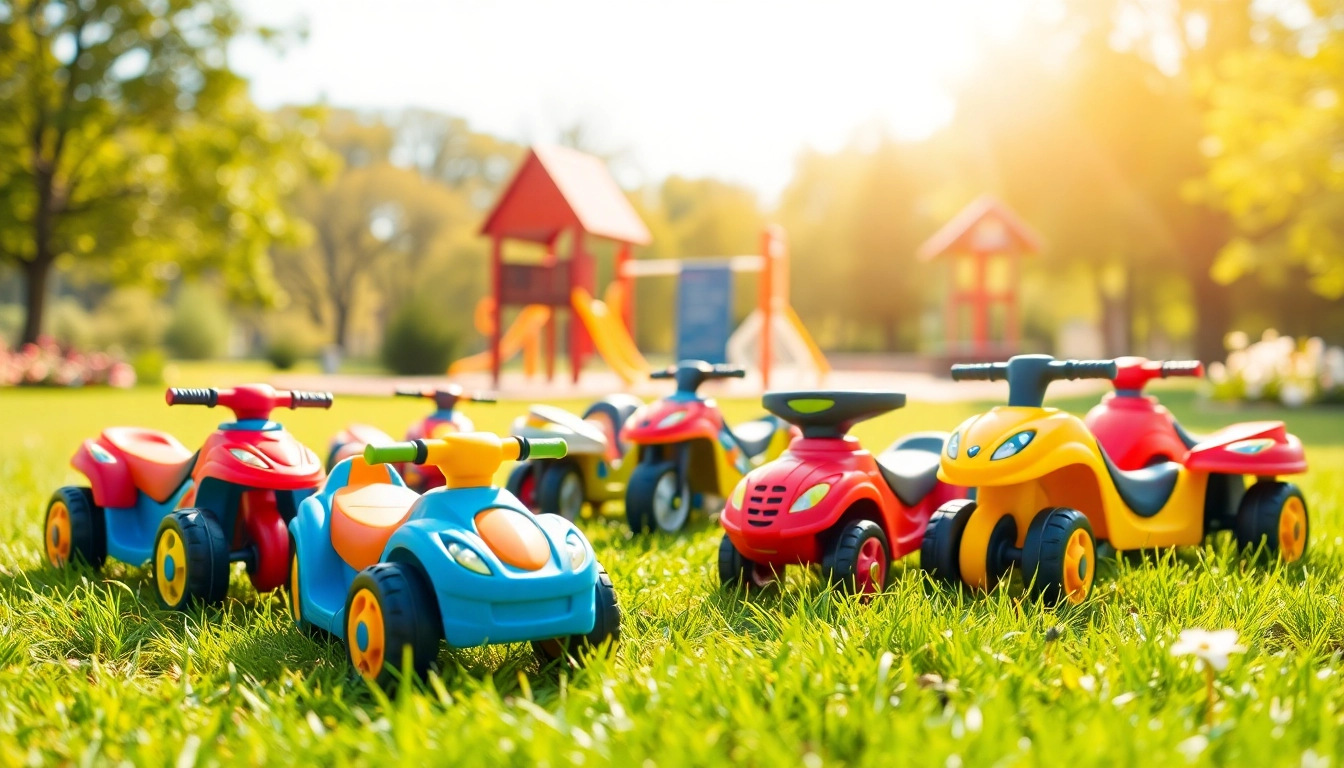 Children happily playing with colorful ride on toys in a sunny park setting.