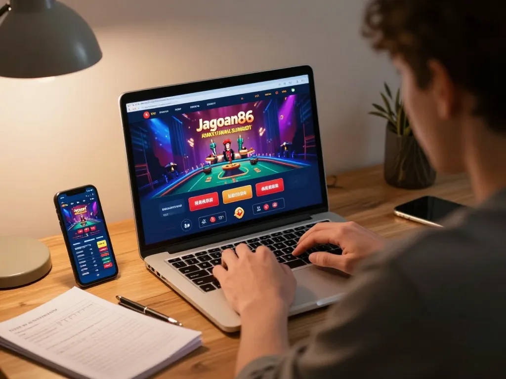 Engaging with jagoan86 casino app on a laptop while strategizing with notes