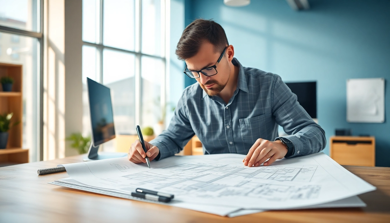 Engineer examining steel structure design blueprints in a modern office setting.