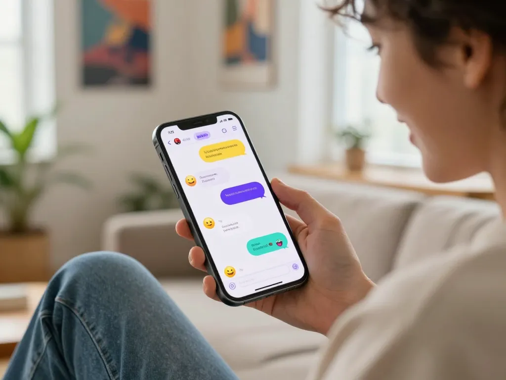 Engaging sex chat ai conversation on a smartphone with colorful chat bubbles and emojis in a cozy room setting.