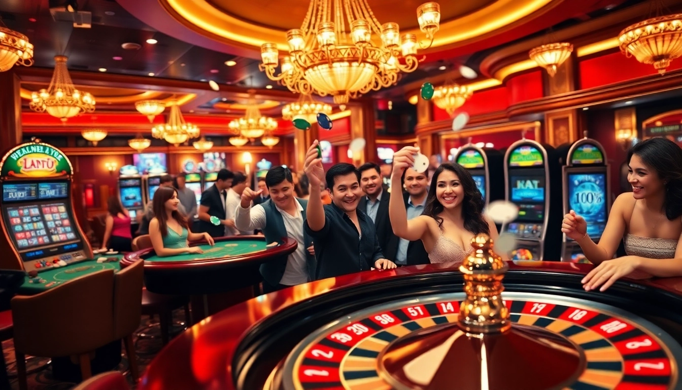 KPI4D players celebrating wins at a vibrant casino scene with roulette tables and slot machines.