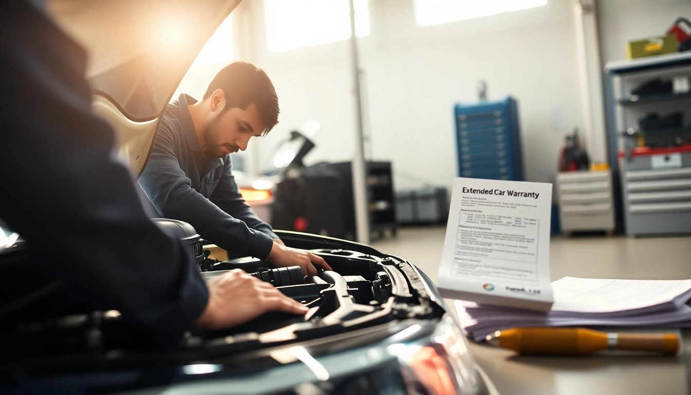 Inspecting components related to extended car warranty benefits in a mechanic's garage.