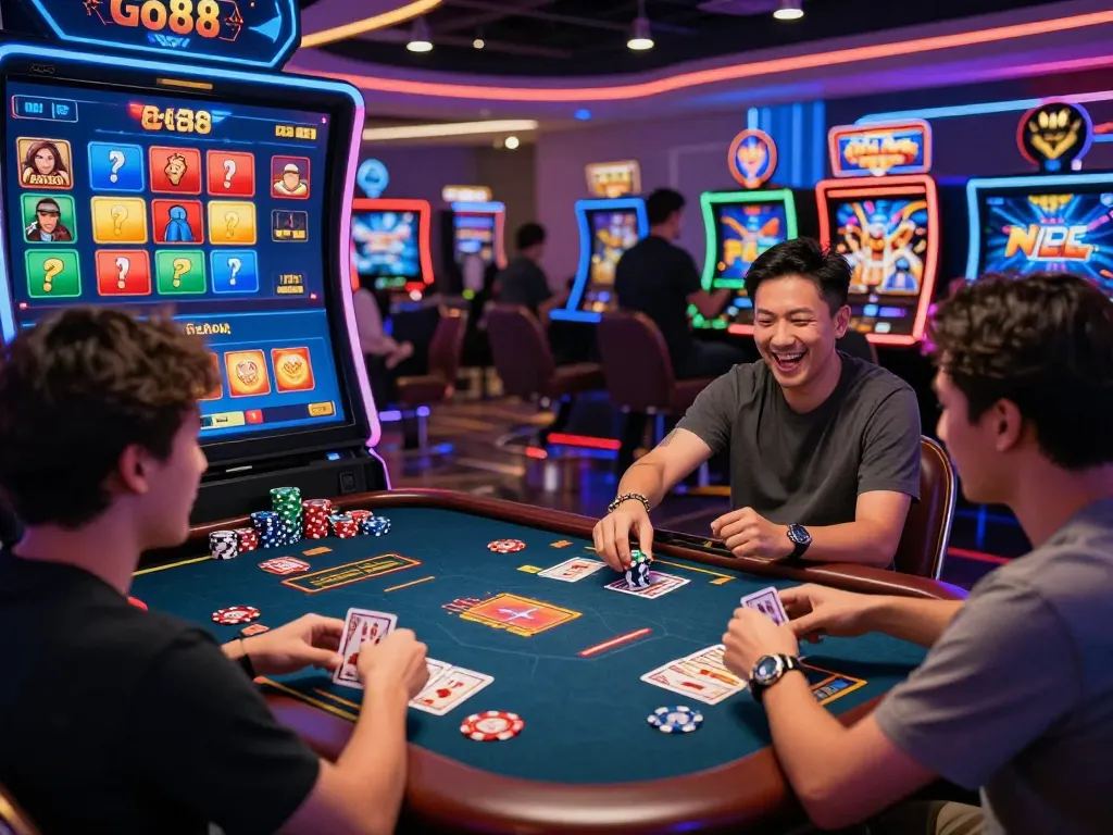 Online gaming excitement at Go88 with diverse players engaged in games and vibrant graphics