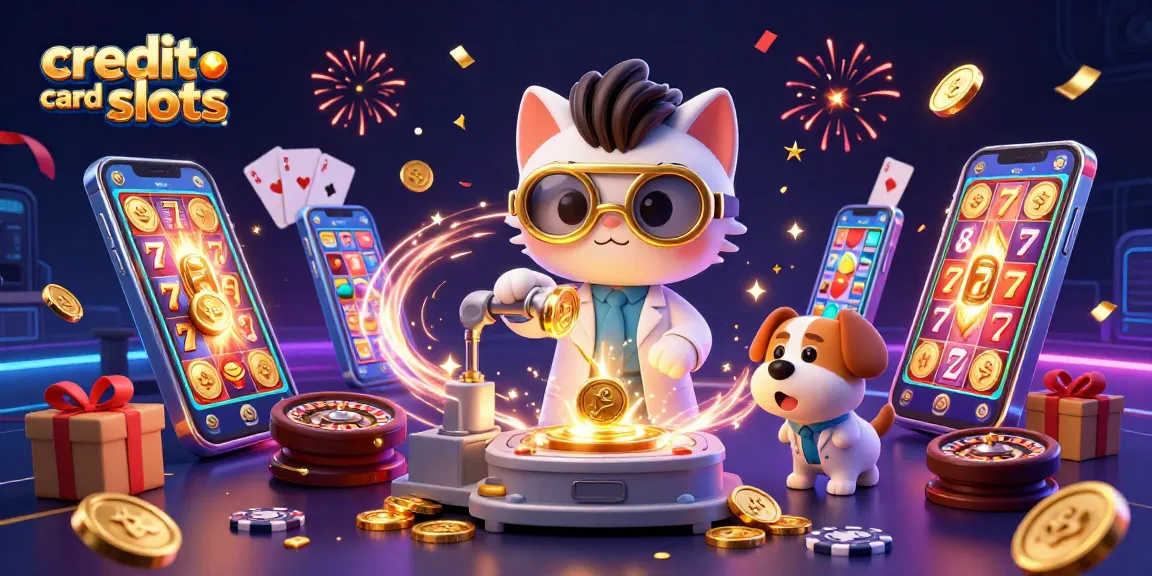 Engage with credit card slots in a dynamic, colorful casino scene featuring a mad scientist cat and lab assistant.