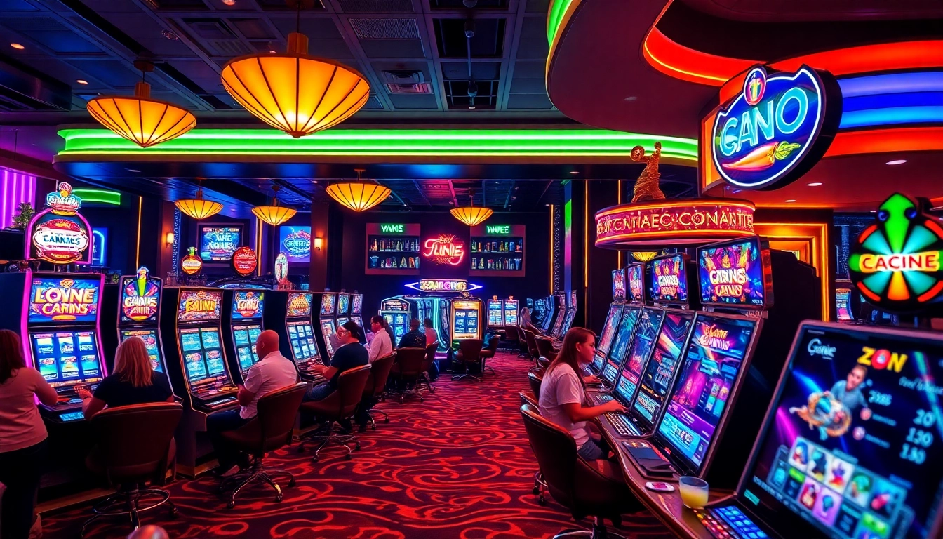 Spieler genießen spannendes casino spielen in einem eleganten Casino mit bunten Spielautomaten.