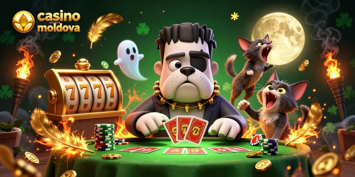 Imagine 3D captivantă cu casino online moldova, un bulldog Frankenstein dealt cărți la o masă de joc.