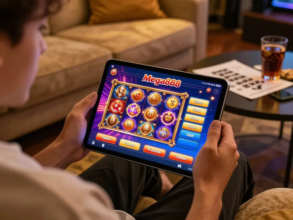 Engaging with free credit mega888 online slot game on tablet in a cozy home setting.