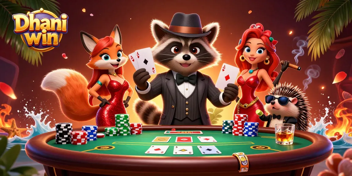 Experience thrilling gameplay in Dhani win with a raccoon holding a royal flush at a vibrant poker table.