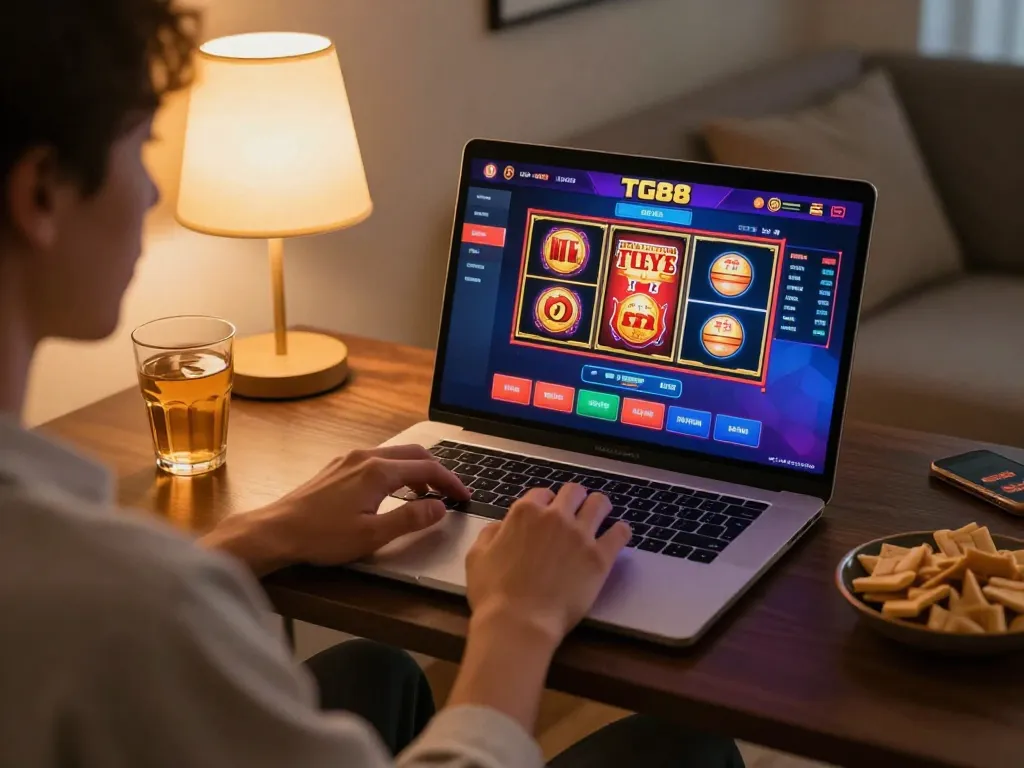 TG88 online casino gaming setup showcasing a person playing on a laptop, promoting responsible gambling.