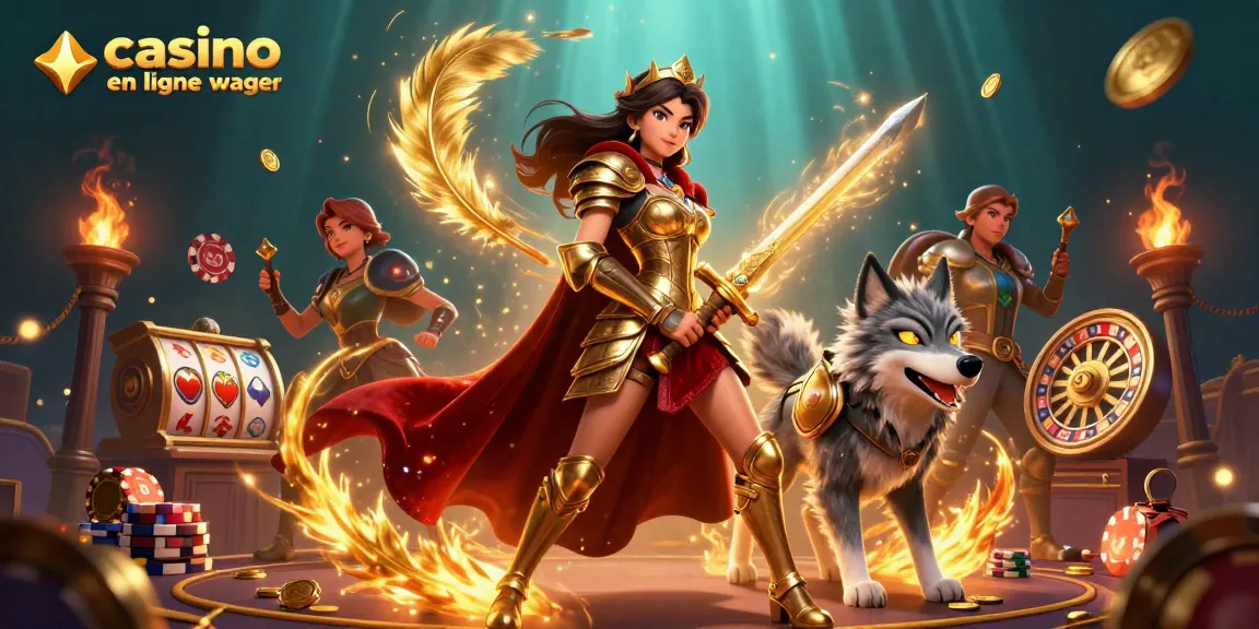 Engagez-vous dans le monde dynamique des casinos en ligne sans wager avec une majestueuse femme guerrière aux côtés d'un loup lumineux dans une scène de casino vibrante.