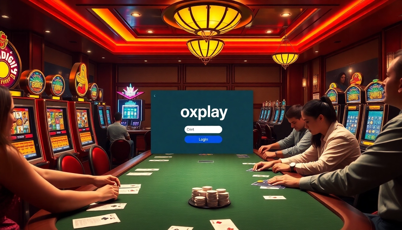 Engage with the opulent casino scene highlighting the excitement of oxplay login alongside players enjoying slots and poker.