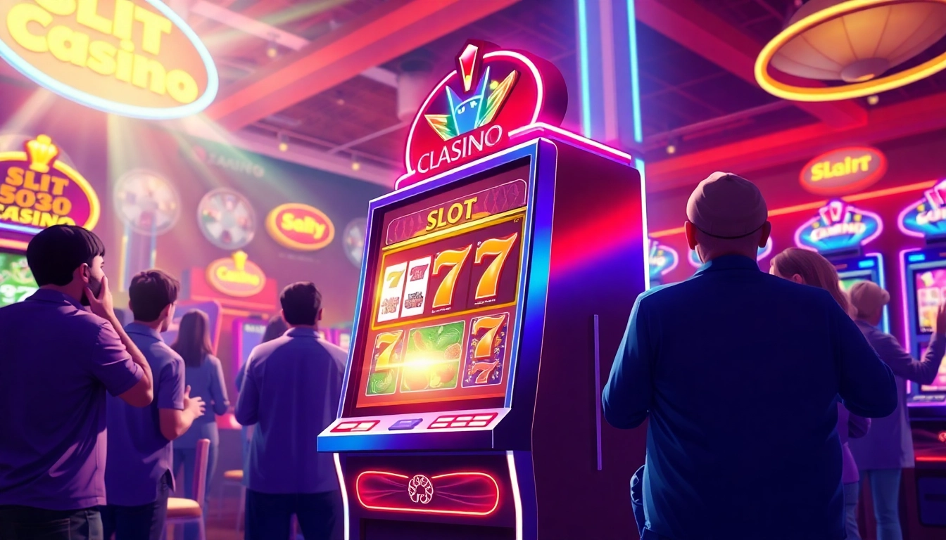 Slot77 mesin dengan pencahayaan cerah di kasino yang meriah dan penuh dengan pemain.