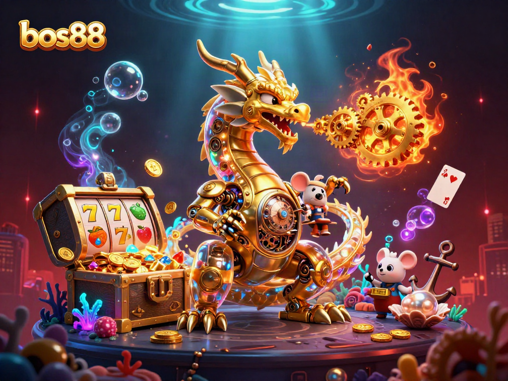 Permainan bos88 dengan naga emas mekanik, peti harta karun, dan simbol slot memikat!