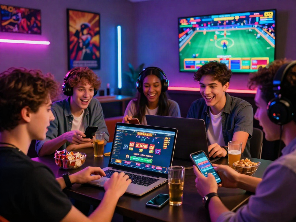 Group enjoying a situs casino online game night with laptops and excitement.
