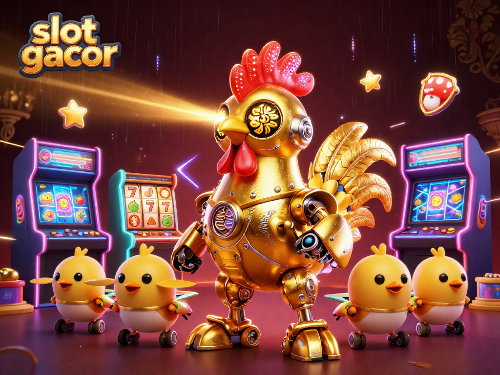 Permainan slot gacor dengan robot ayam emas futuristik dan mesin arcade 3D yang bercahaya