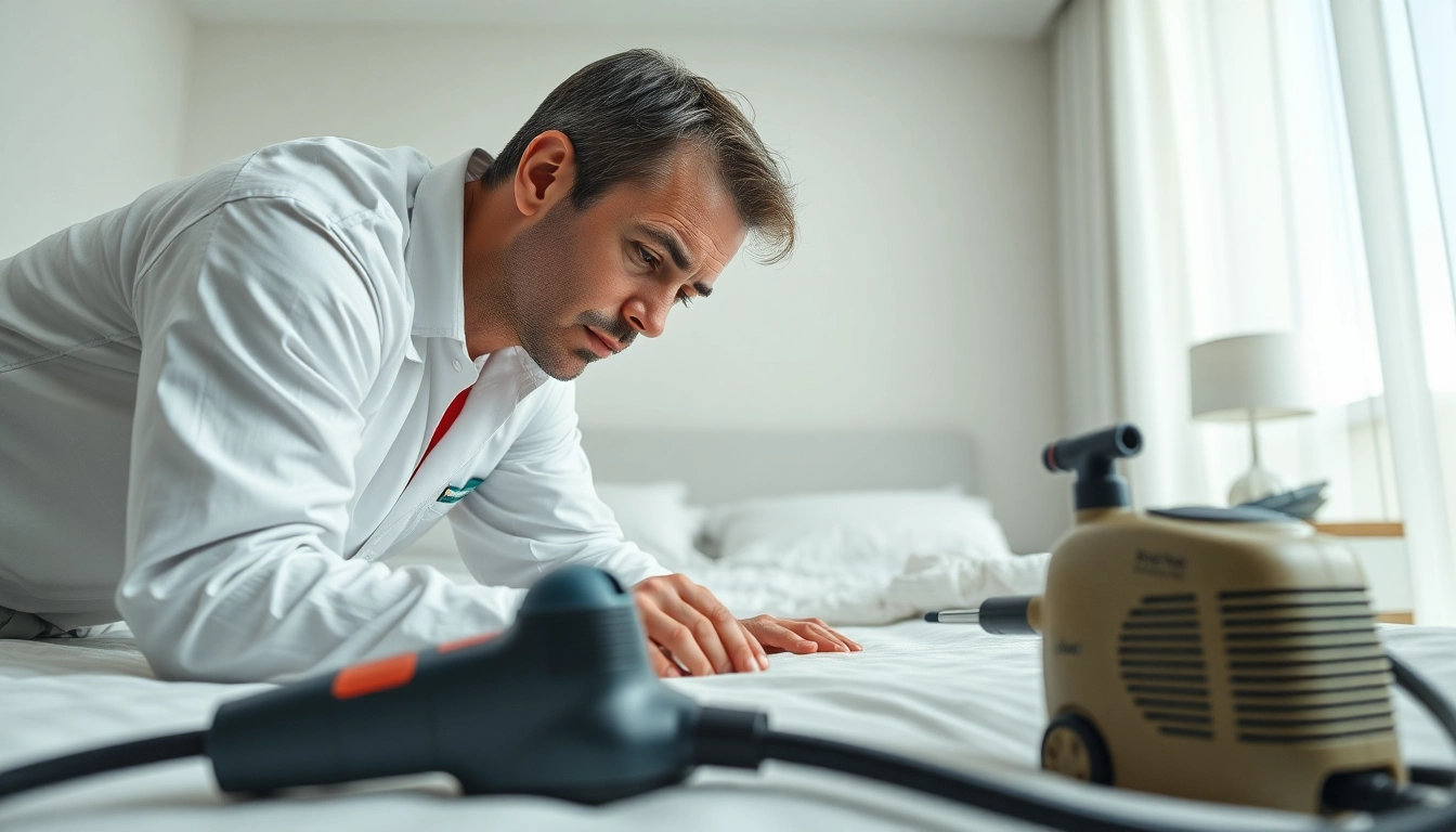 Technician executing bed bug treatment in a clean bedroom, ensuring effective pest management.