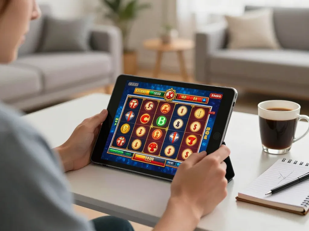 Player enjoying FAFA828 online slots game on a tablet in a cozy home environment, emphasizing responsible gaming.