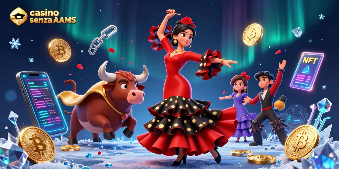 Interagisci con casino senza AAMS attraverso un'illustrazione vivace con ballerina di flamenco ed elementi crypto.