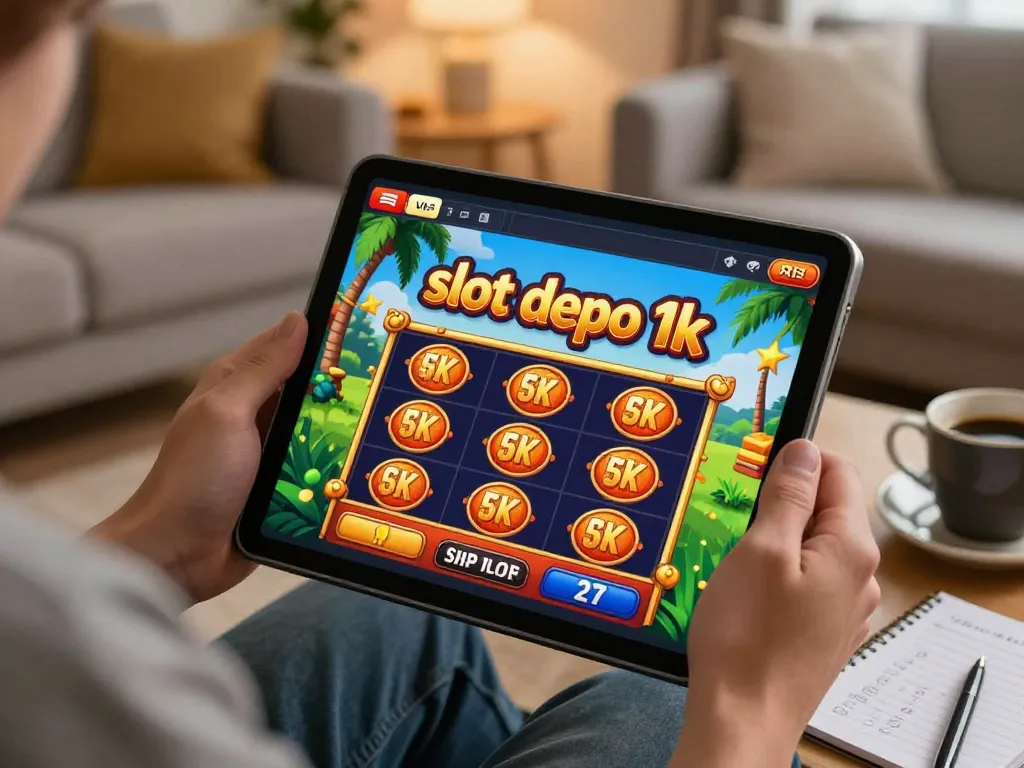 Pemain menikmati permainan slot depo 1k di tablet dalam pengaturan rumah yang nyaman.