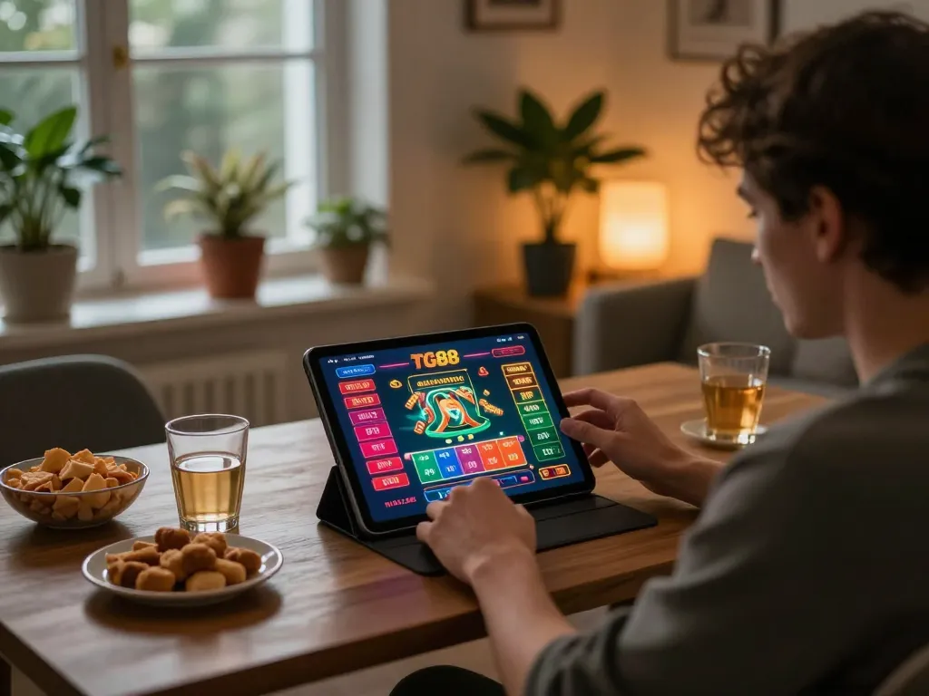 TG88 user engaged in online gambling on a tablet, showcasing vibrant gaming interface and comfortable setting.