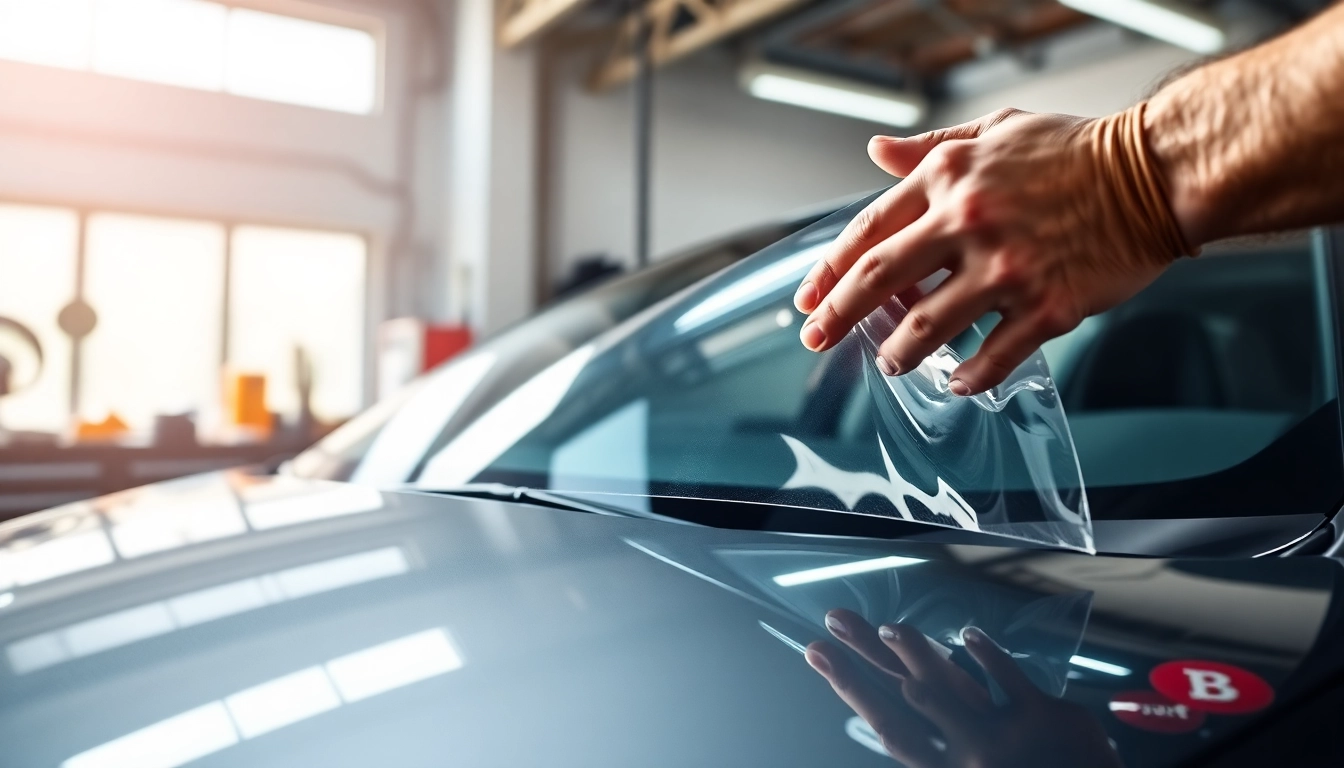 Clear Bra installer expertly applying protective film on a vehicle, showcasing the installation process.