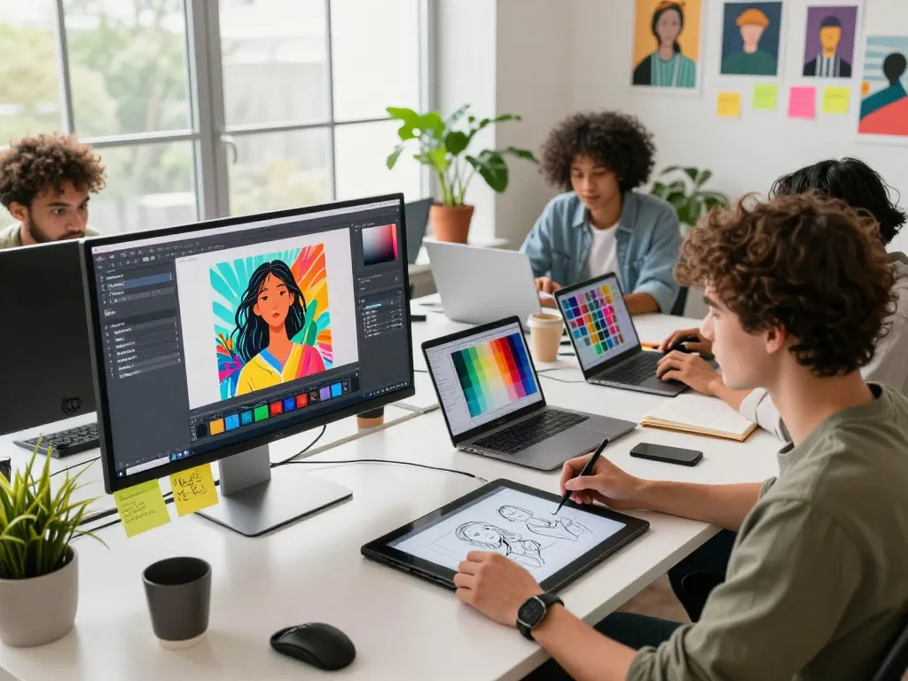 Designers collaborating in a vibrant workspace using nano banana 2 for AI image editing projects.