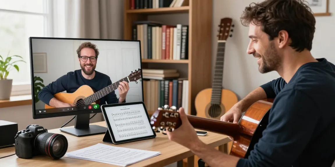 Private classical guitar lessons conducted online in a cozy home studio with a professional instructor.