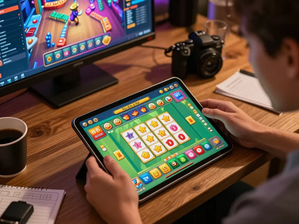 Engaging gameplay of Slot Mahjong on a tablet with colorful spinning reels and winning symbols, showcasing a cozy online gaming setup.