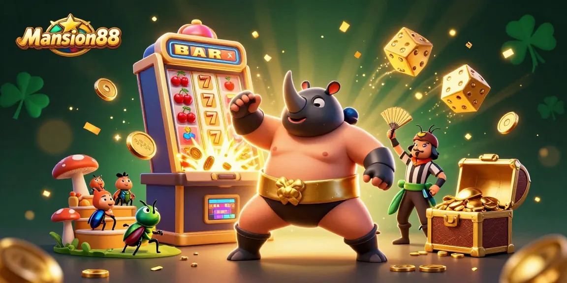 Mansion88 powers up with a sumo beetle champion stomping gold coins, symbolizing big wins in online gaming action.
