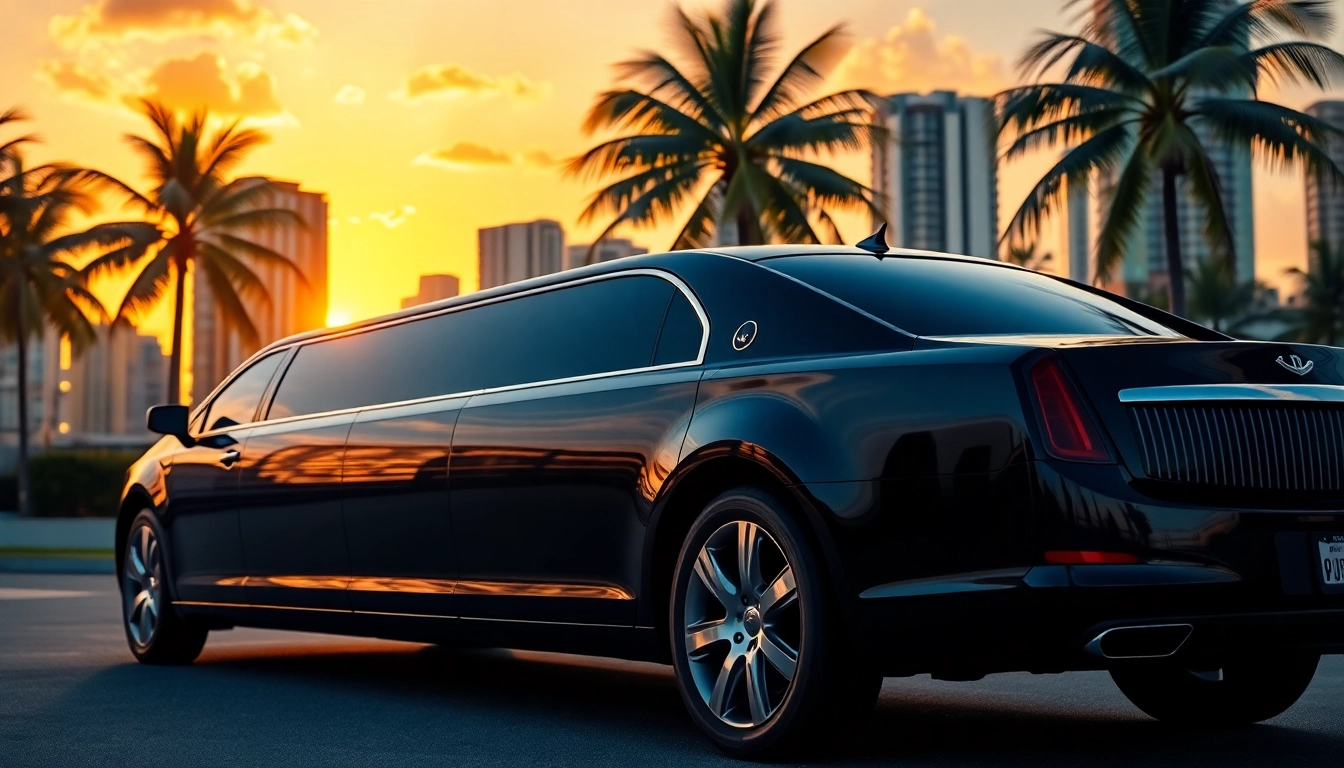 Experience Miami Florida limo service with a luxurious limousine under the dramatic Miami skyline.