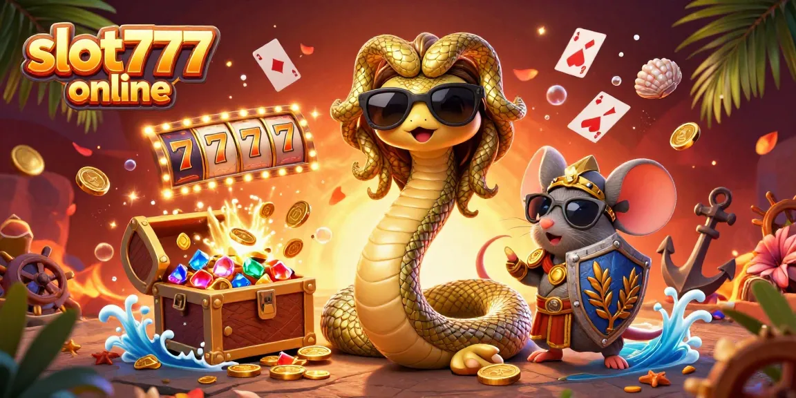 Play the exciting slot777 online with Medusa and a warrior mouse in a vibrant casino scene.