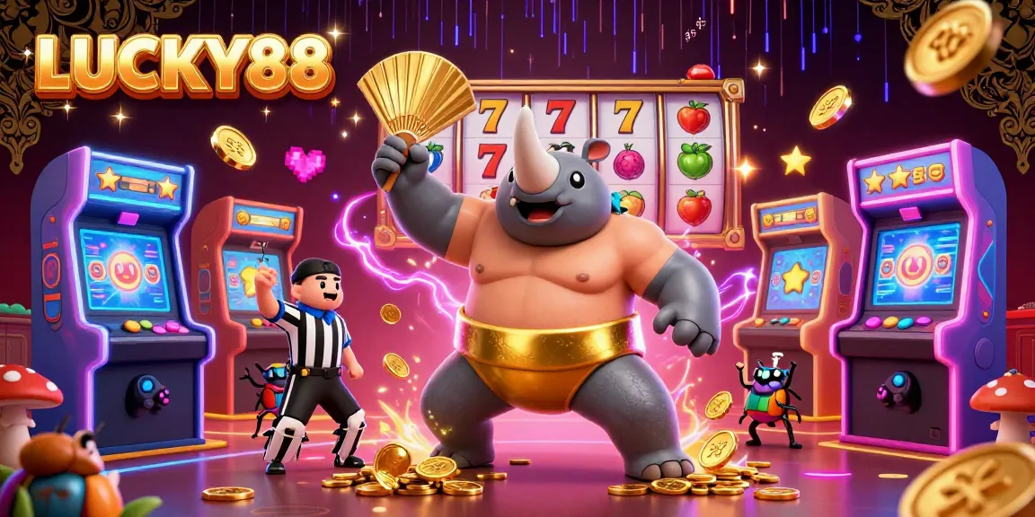 Experience the excitement of LUCKY88 with our vibrant 3D illustration showcasing a sumo beetle champion amidst casino elements.