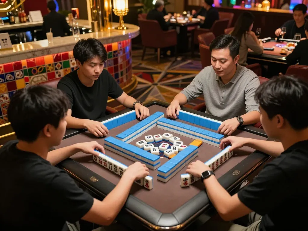 Players enjoying mahjong gameplay at a luxurious casino table, vibrant tiles visible.
