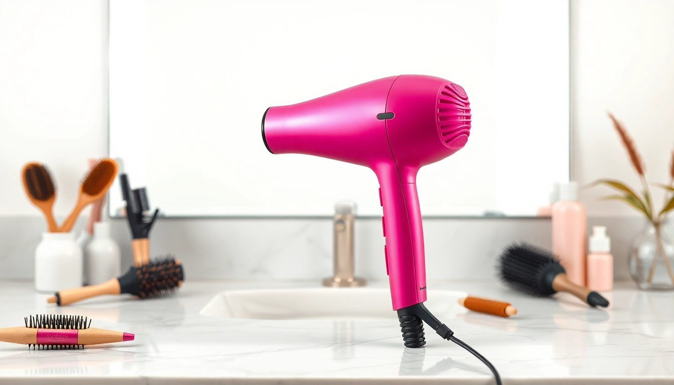 Frizzy hair dryer on a vanity, showcasing its sleek design and premium features for effortless styling.