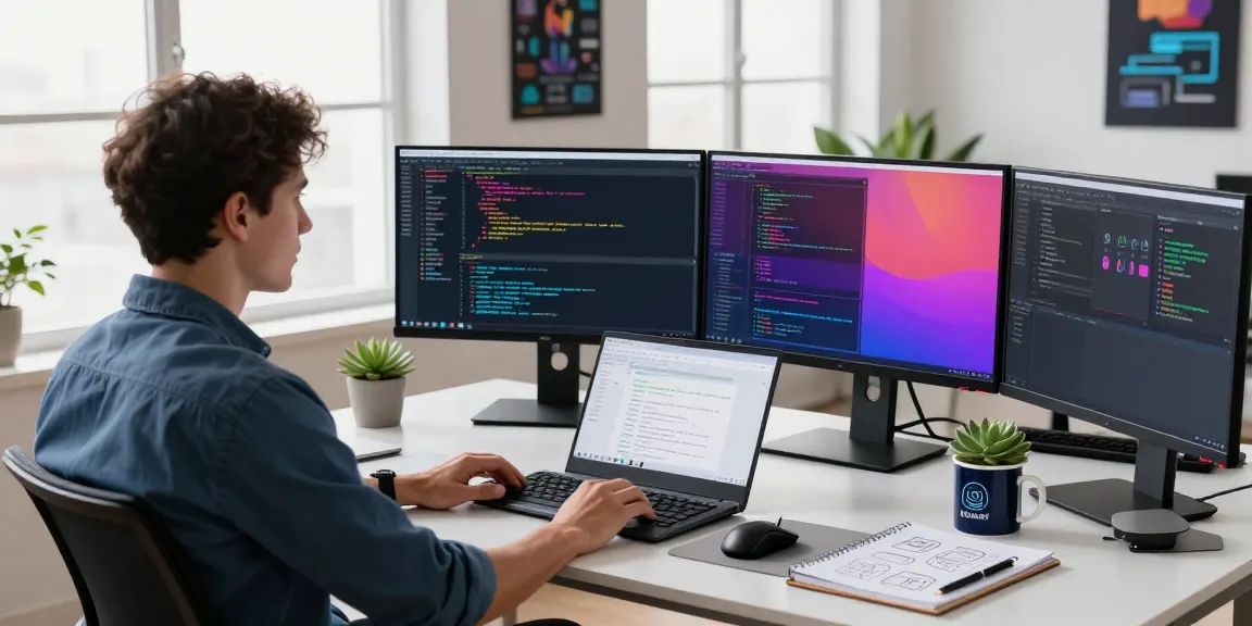 Engaging workspace of a developer coding the 纸飞机中文版 application with modern tech and vibrant atmosphere.