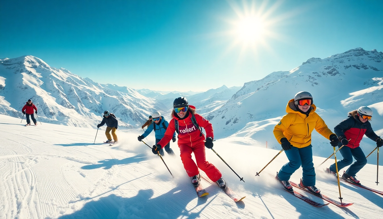 Showcasing the best brands for skiing, skiers effortlessly navigate fresh powder on a sunlit mountain.