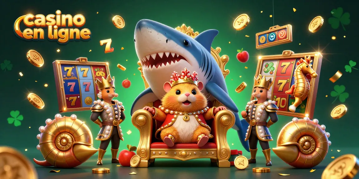 Jouez à des jeux de casino en ligne avec cette illustration vibrante représentant un roi hamster sur un trône, entouré de symboles de machines à sous.