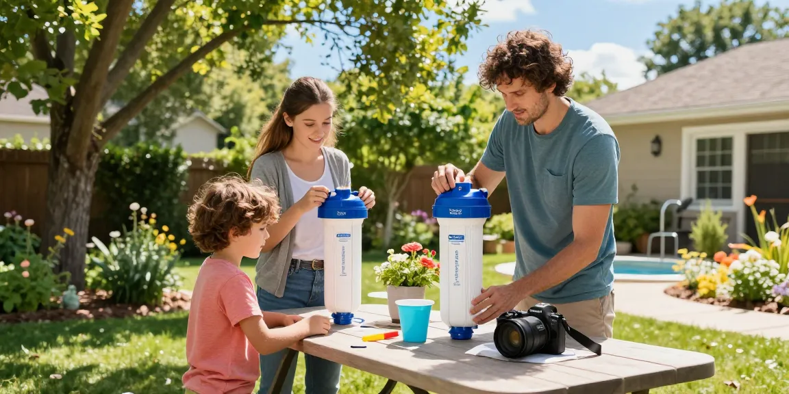 Family installing the Overbest 10 x 4.5 Whole House Water Filte Replacernent for 3M®Aqua-Pure®AP810 in their backyard, creating clean water.