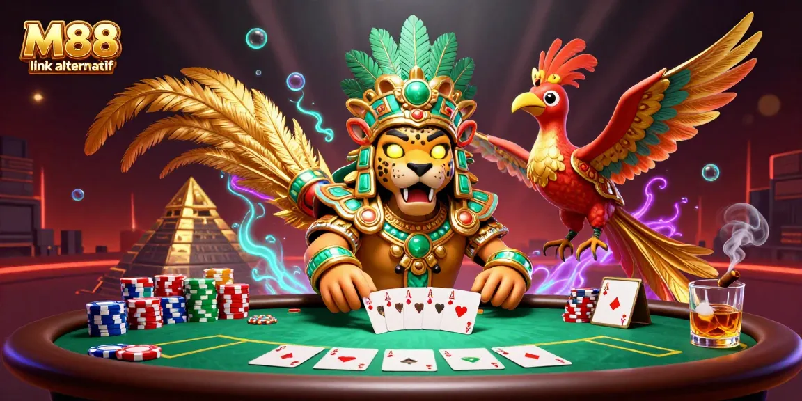 Win big with M88 link alternatif in this dynamic casino scene featuring vibrant poker elements.