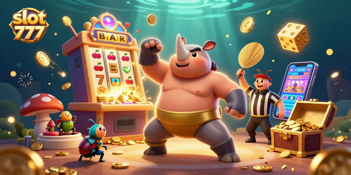 Spin the slot 777 reels with a vibrant scene featuring a sumo beetle and golden winnings.