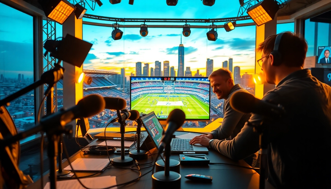 Host presenting Sports Broadcasting highlights in a vibrant studio setting.