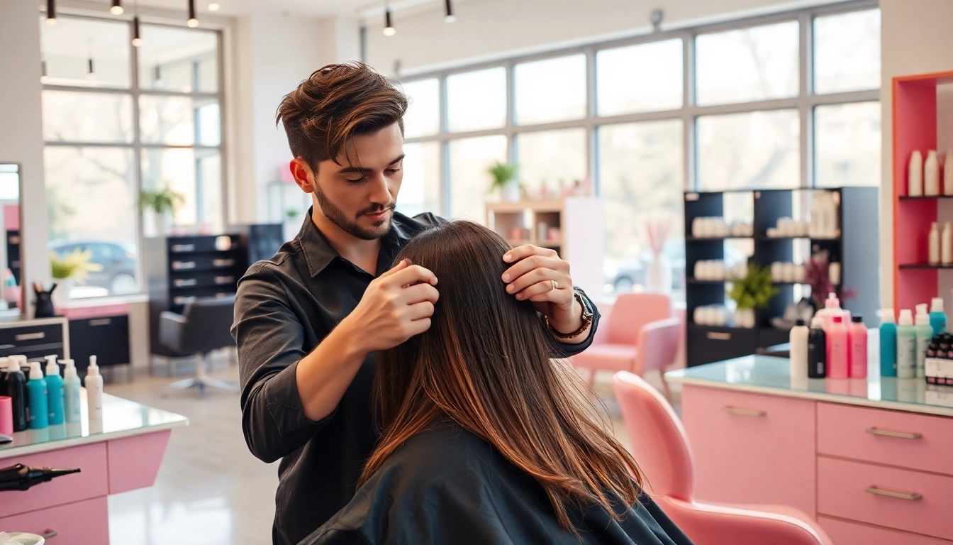 Coafor Craiova aplicând un tratament de păr într-un salon elegant